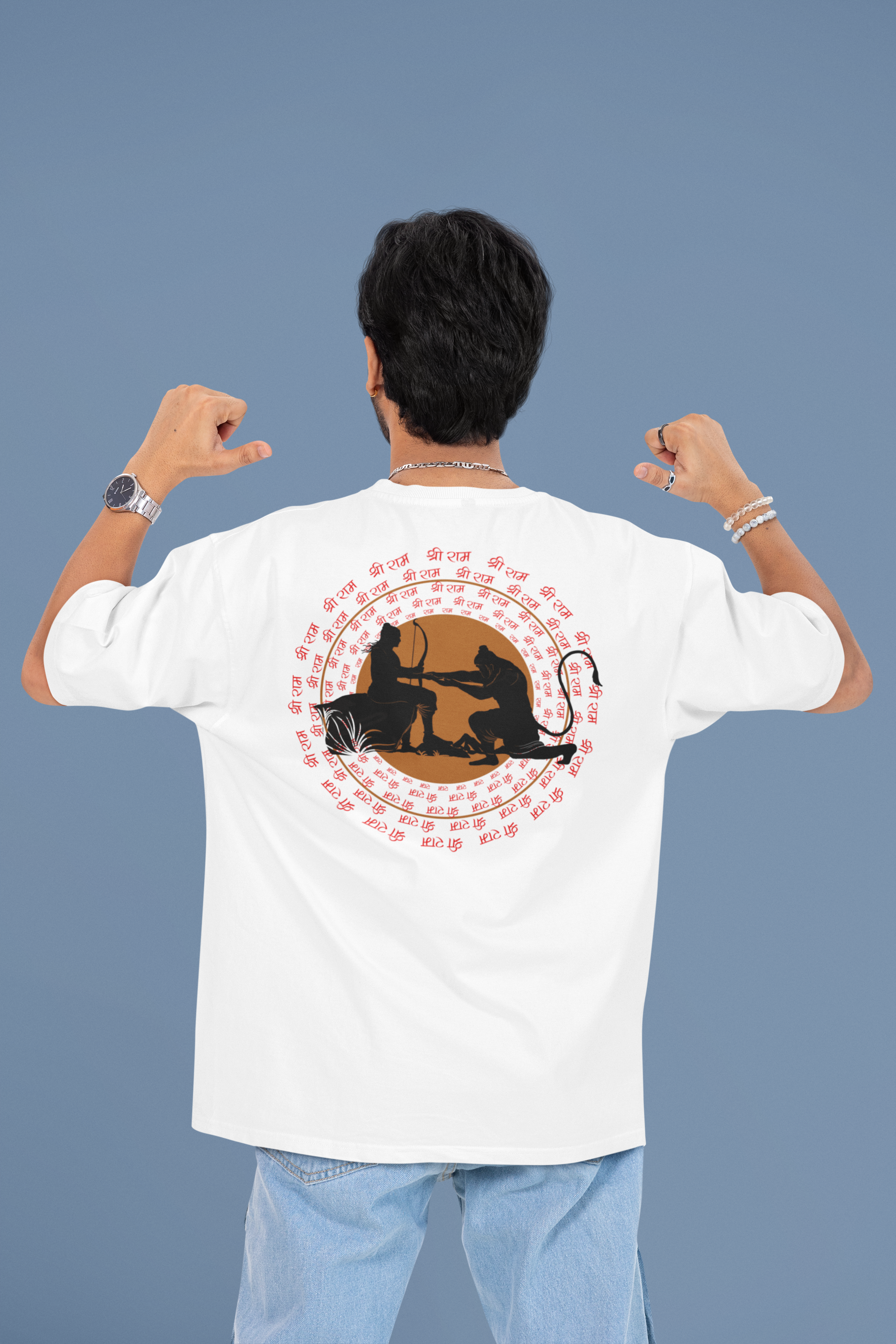 back view mockup featuring a man pointing at his oversized t shirt m53038 (8)